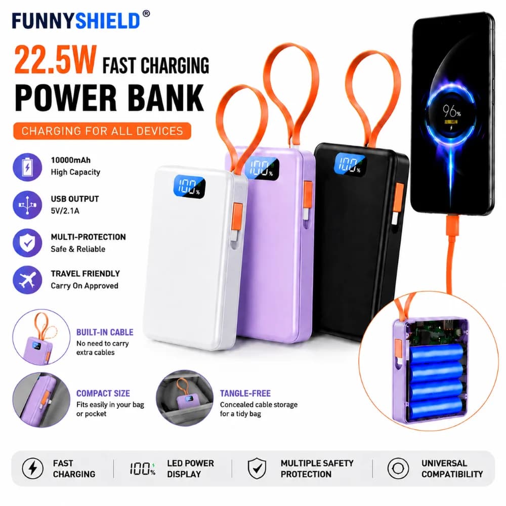 FUNNYSHIELD PD 22.5W Fast Charge Power Bank Case 4*18650 Solderless DIY Battery Box USB Type C QC3.0 Shell With Charging Cable
