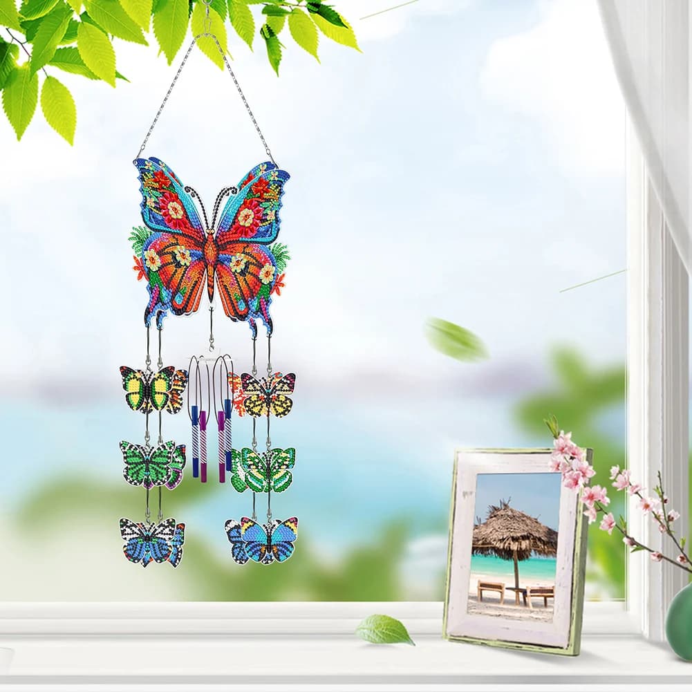 Campanelli a Vento in Cristallo a Doppia Faccia con Fiori e Farfalle, Ornamento Pendente, Kit Fai-da-Te con Diamanti per Casa, Giardino e Finestra