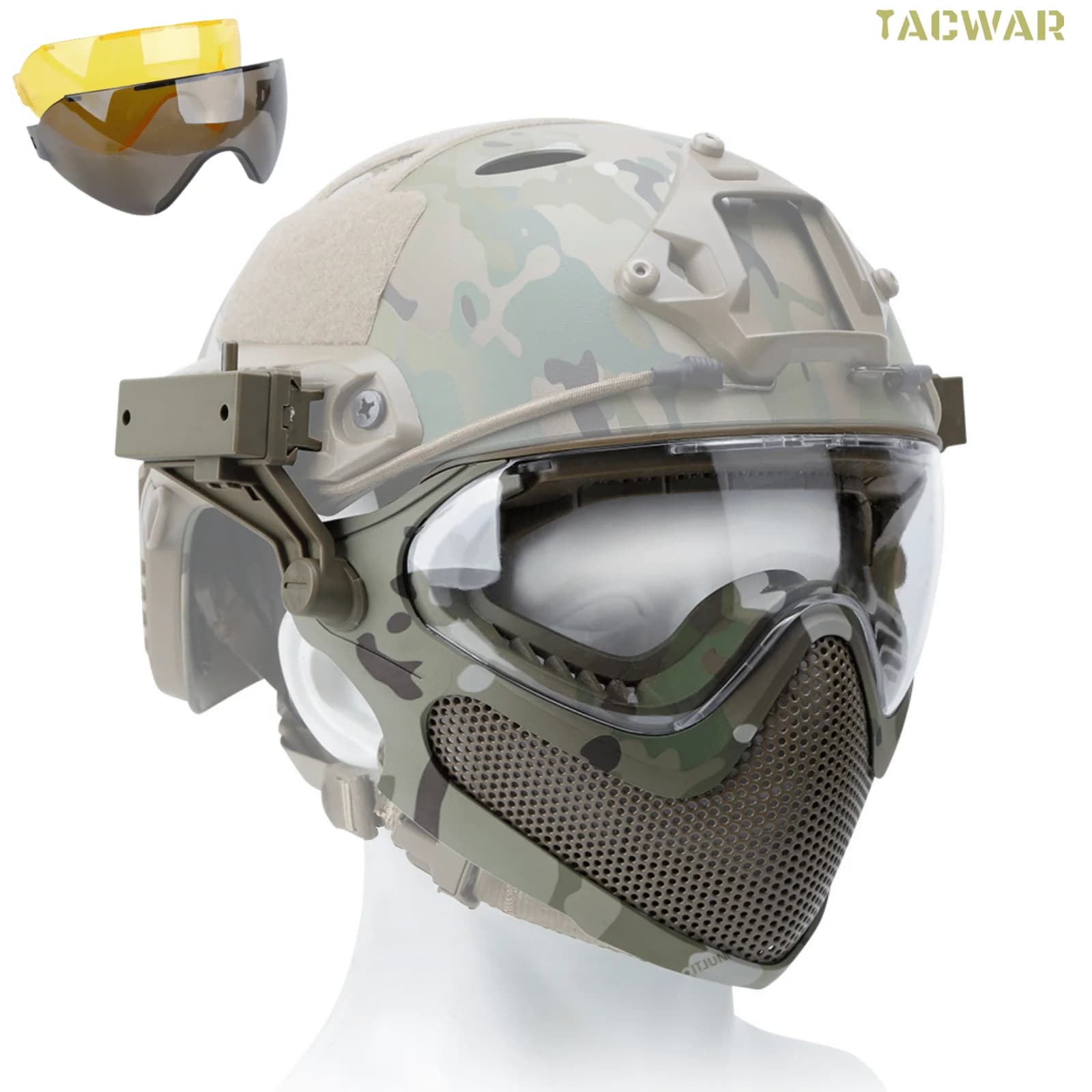 Steel mesh mask for full face softair with 3 anti-fog glasses for VELOCE helmet, safety protective mask in 2 modes to shoot Wargame CS