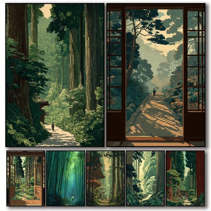 (No frame)Vintage Japanese Woodblock Art Inspired Forest Temple Garden Botanical Poster Canvas Painting Wall Pictures Home De
