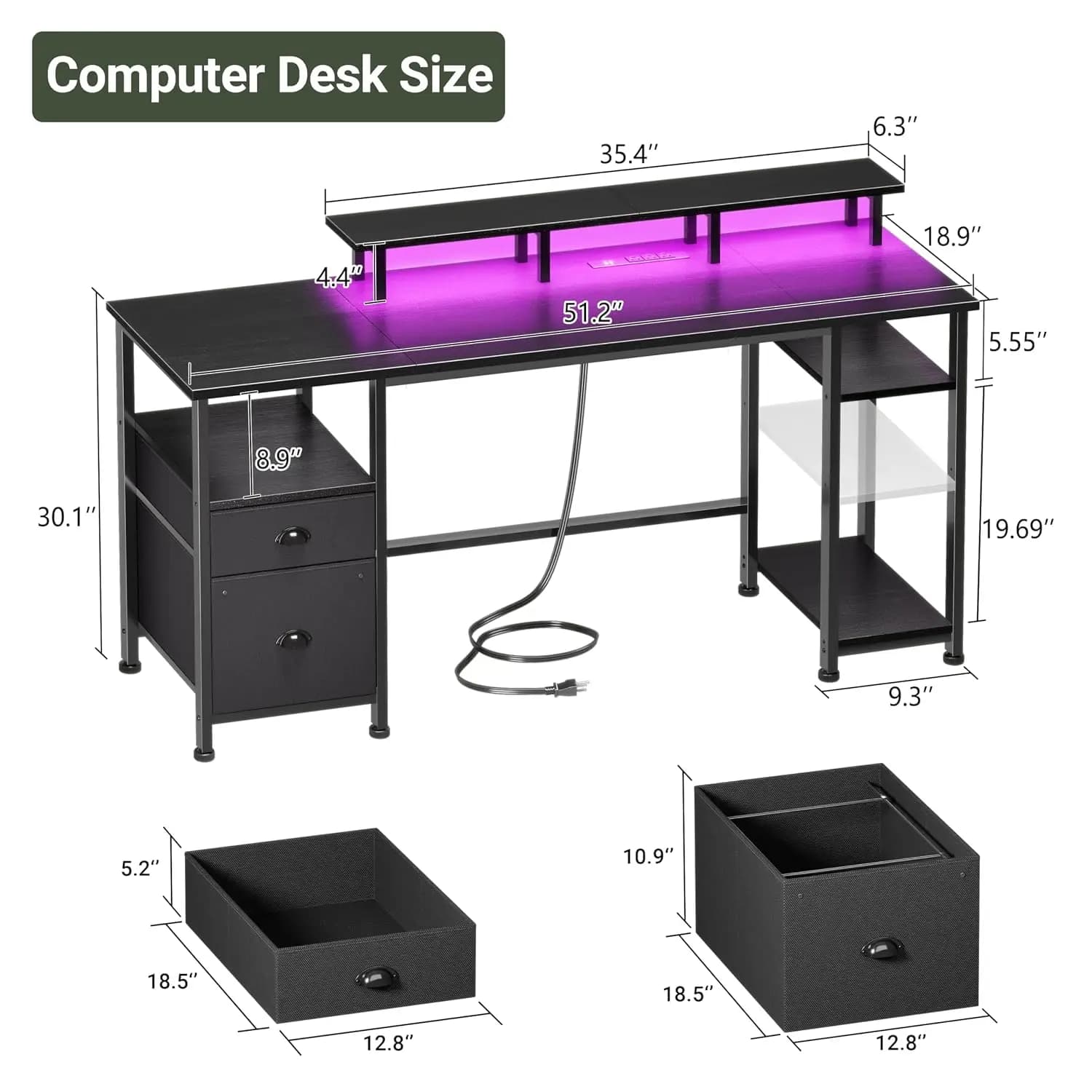 51" Gaming Desk with Power Outlets & LED Lights, Reversible Desk with Cabinet & Monitor Stand for Home Office, Customized
