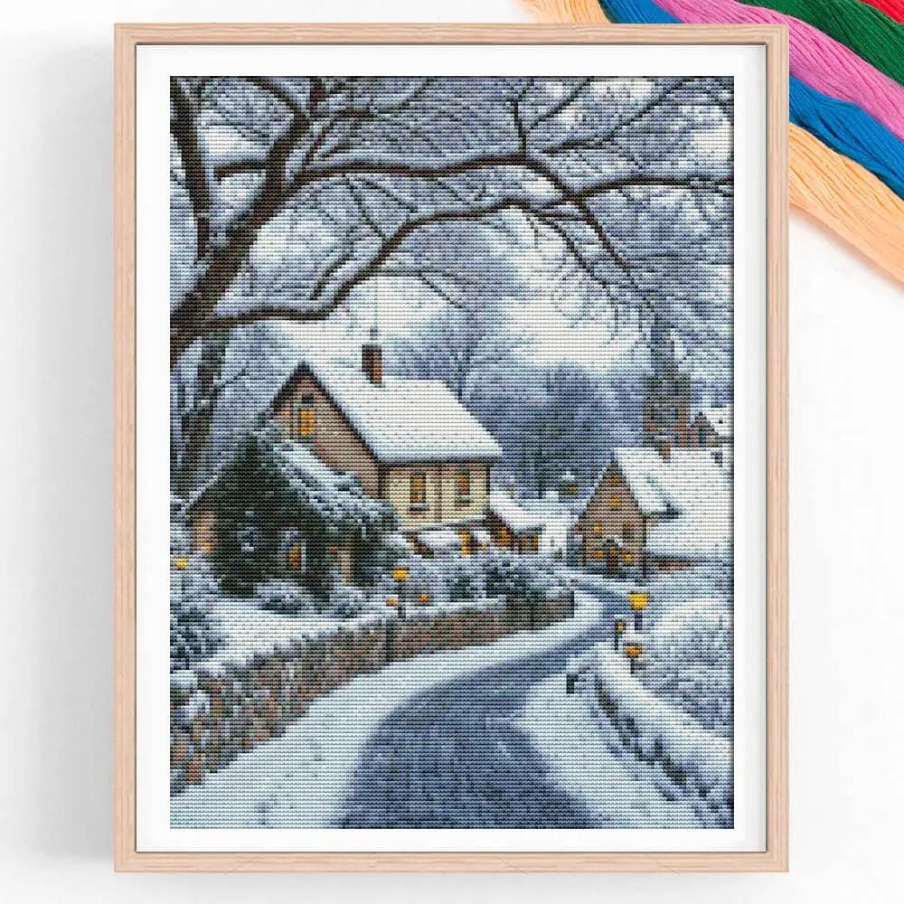 11CT Cotton Cross Stitch Winter Snow Scenery House Street Full Embroidery Home Decoration New Arrivals 2025 Handmade Gift