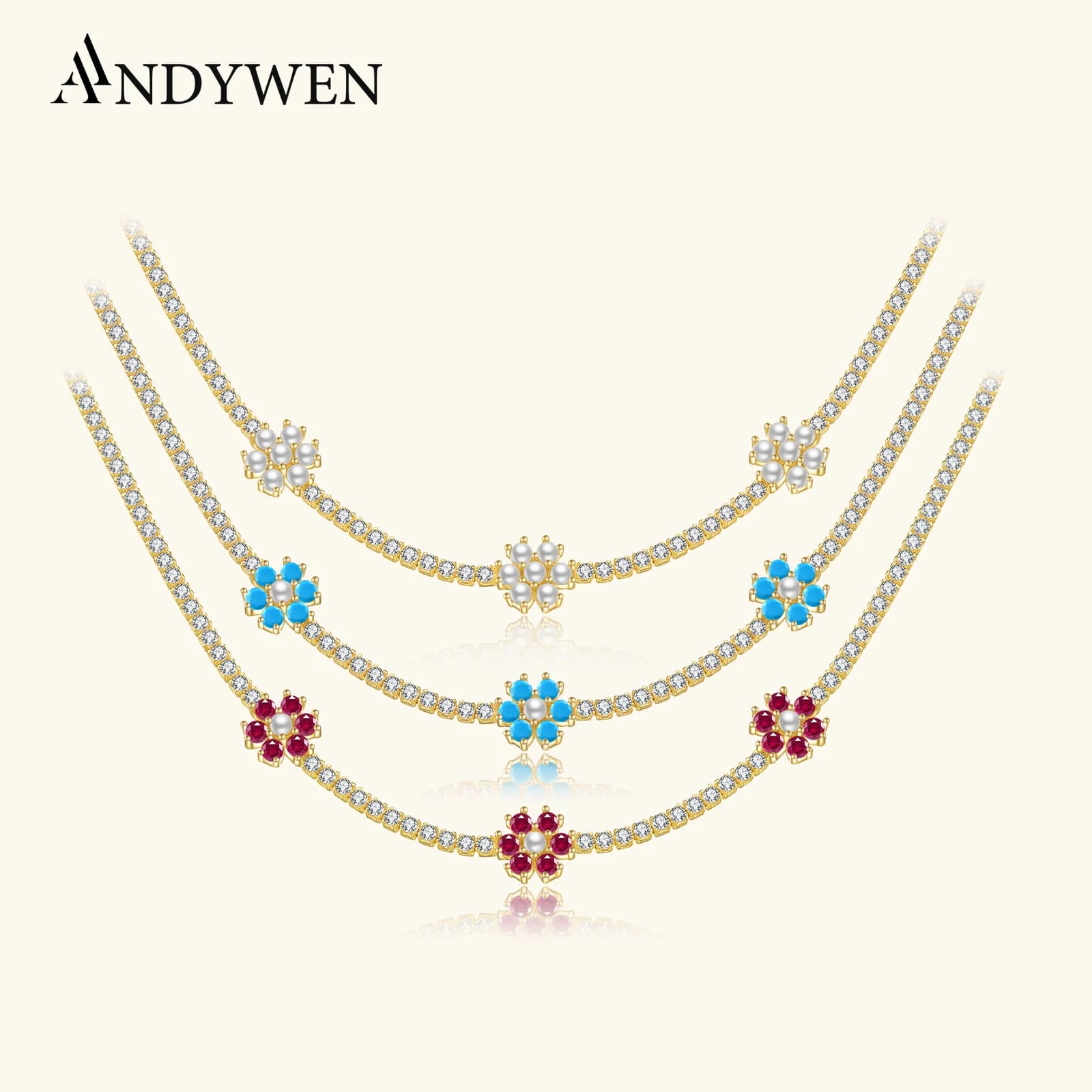 ANDYWEN 100% 925 Sterling Silver Gold Flower Rainbow Choker Necklace 2021 Women Zircon CZ Chian Luxury Party Wedding Jewelry