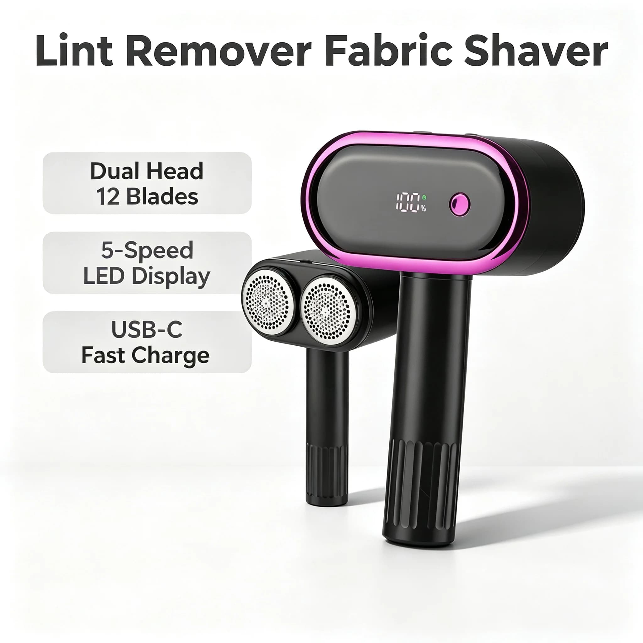 Lint Remover Fabric Shaver Rechargeable, 5-Speed LED Display, Dual Head 12 Blades for Sweater Coat Couch, USB-C Cordless