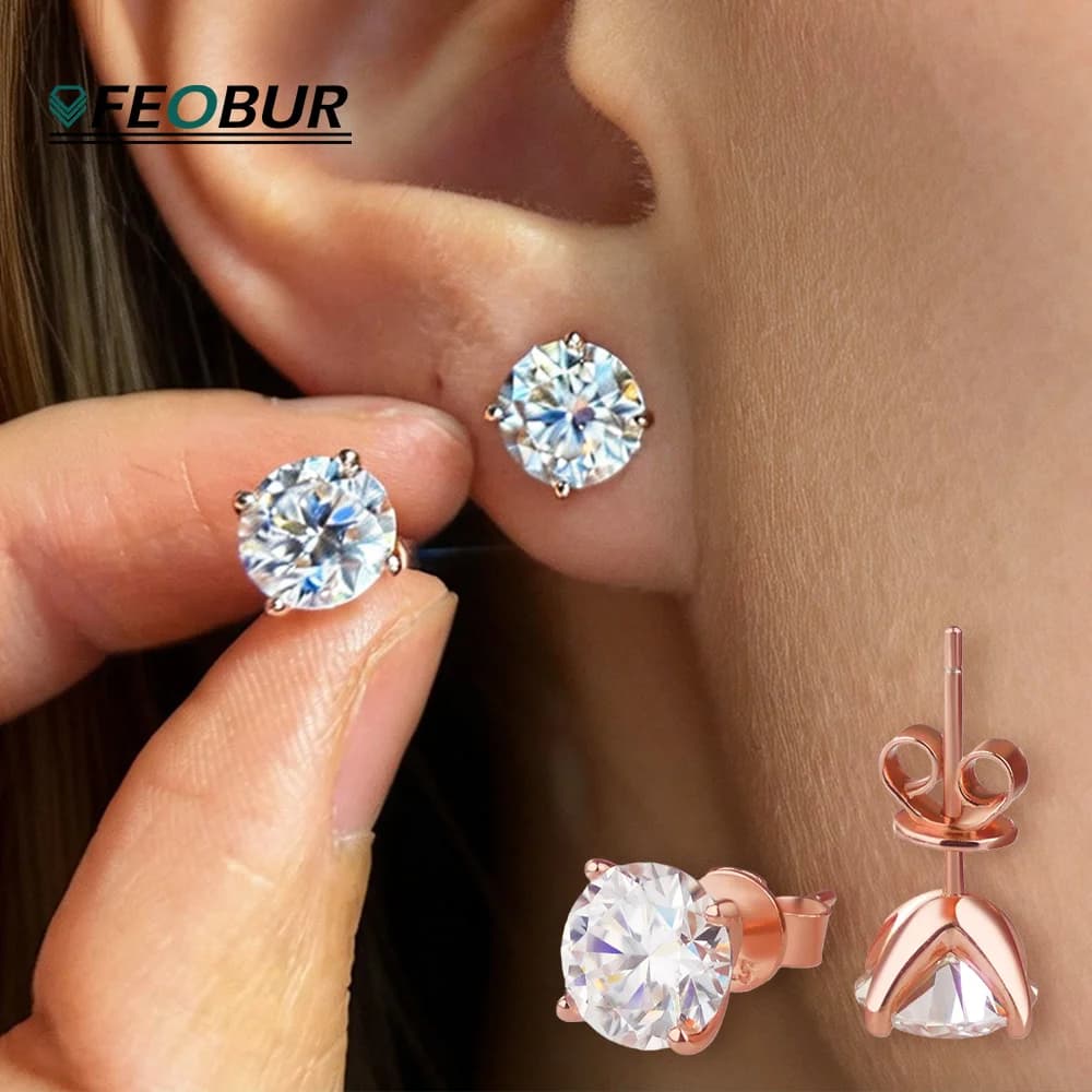 FEOBUR Sparkling 0.2-3CT Moissanite Stud Earring Rose Gold Color 925 Sterling Silver Lab Diamond Ear Studs Women Party Jewelry