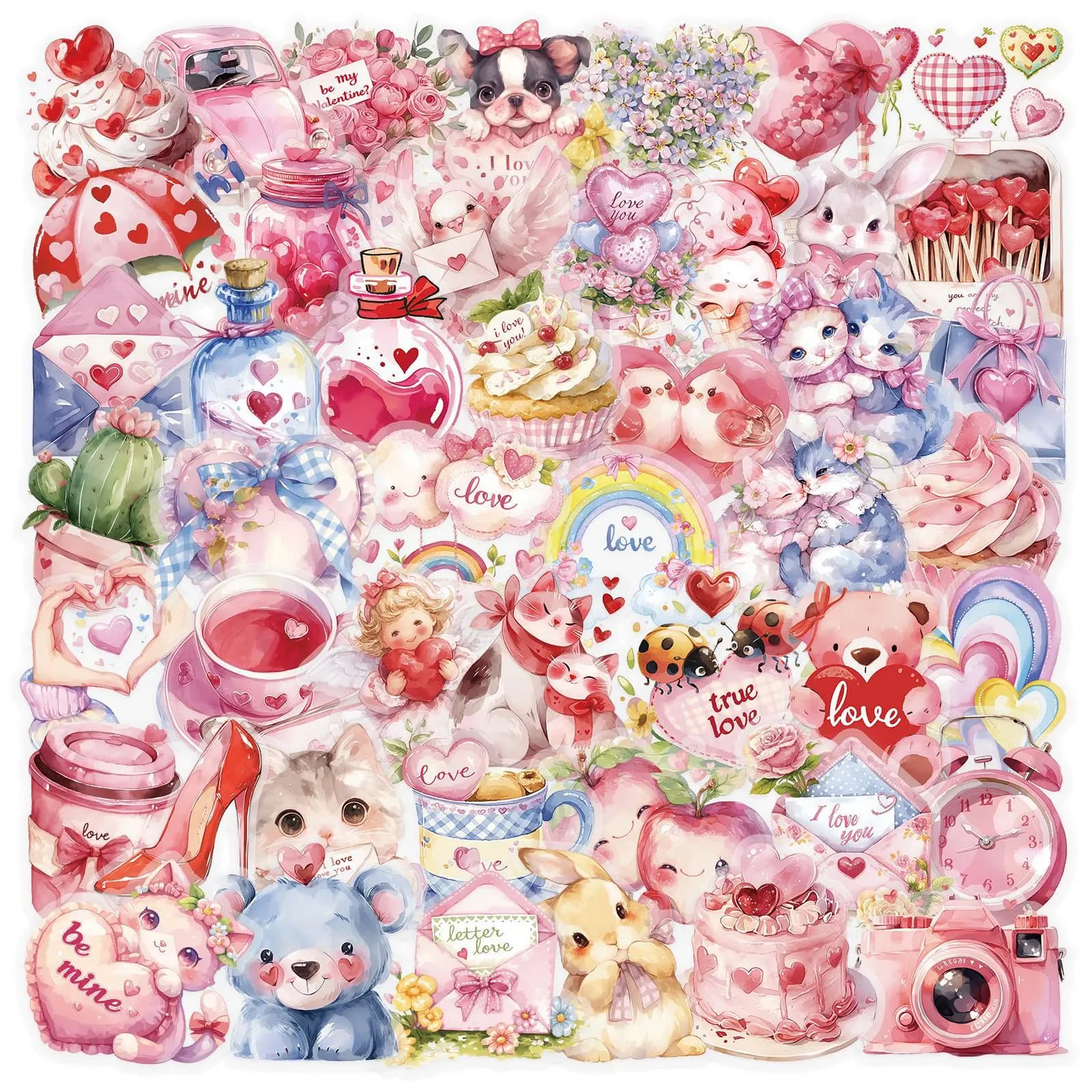 50/100 Pz Rosa PET Trasparente San Valentino Acquerello Cuore Adesivi per la Decorazione Dell'atmosfera Confezione Regalo FAI DA TE Casco File Titolare Lunch Box Auto