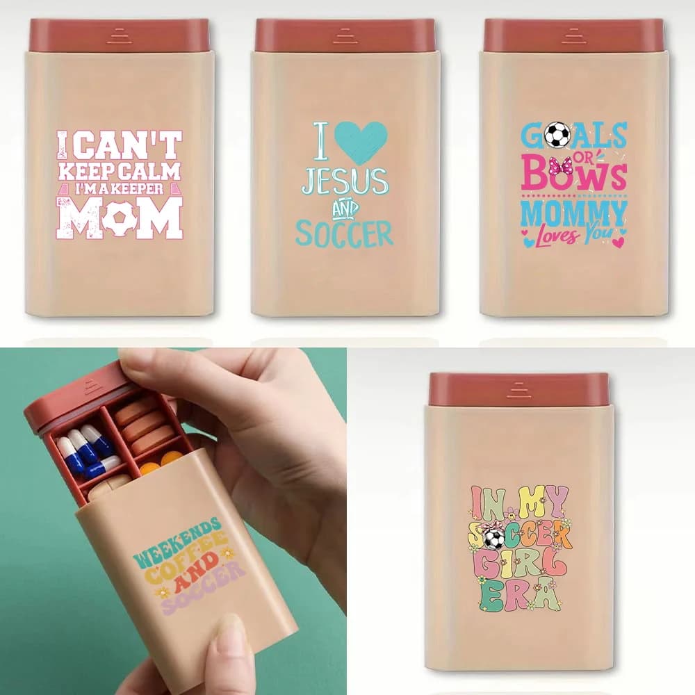 Sliding Drawer Pill Organizer With Compartments Sealed Medicine Box For Travel Daily Vitamin Supplement Soccer Text Pattern
