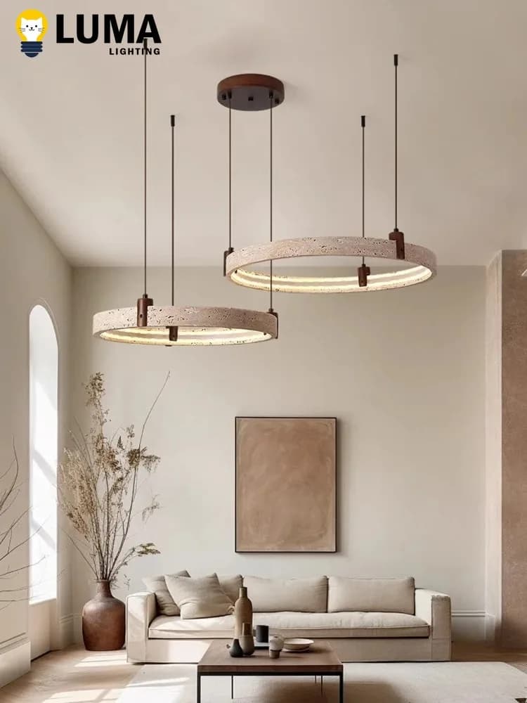 Lampadari ad anello in travertino giallo stile giapponese Wabi-Sabi, lampada a sospensione a cerchio in pietra naturale per soggiorno, decorazioni per la casa
