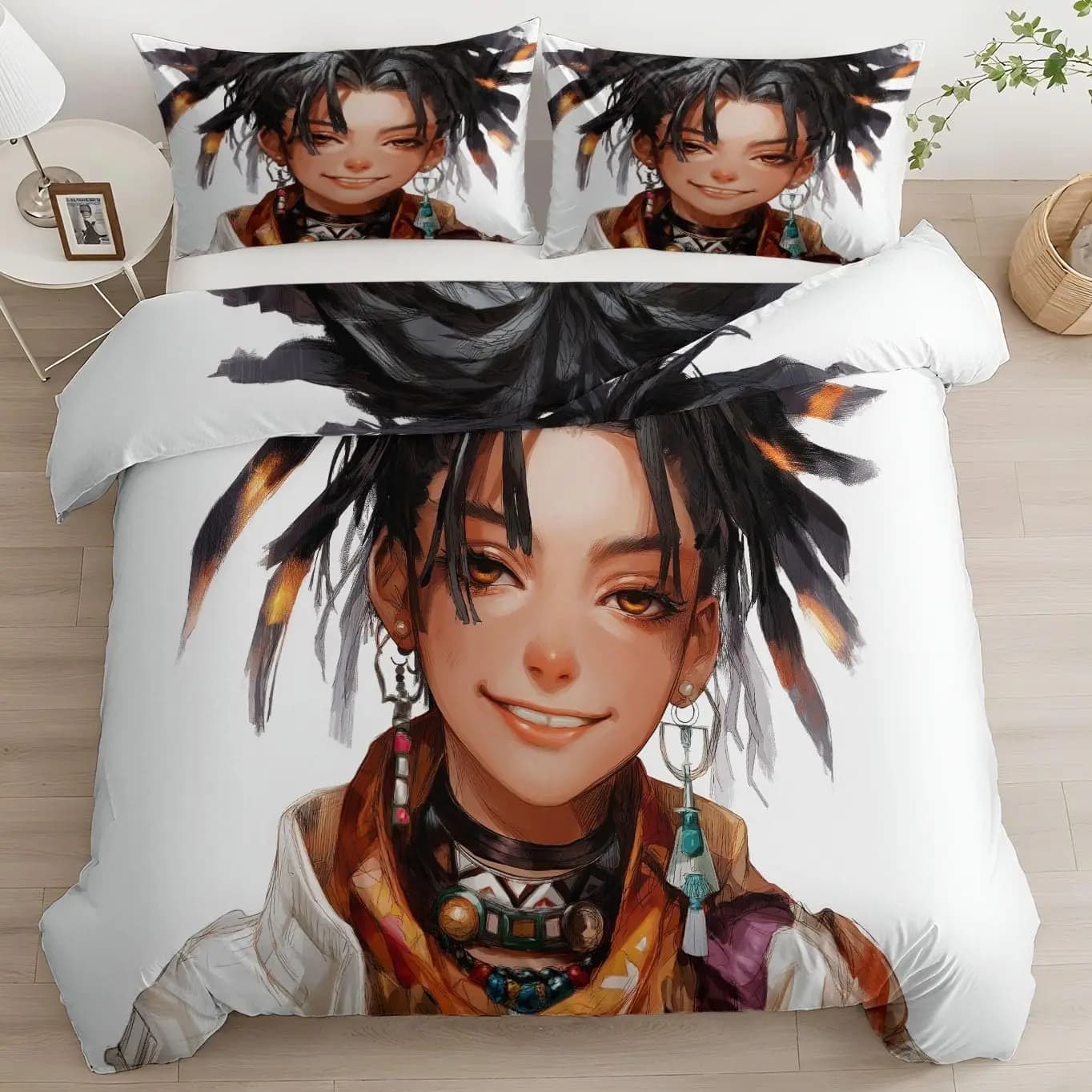 Ethnic Style Anime Character Duvet Cover Set Double Size 200x200cm With 2 Pillowcases Reversible White Quilt