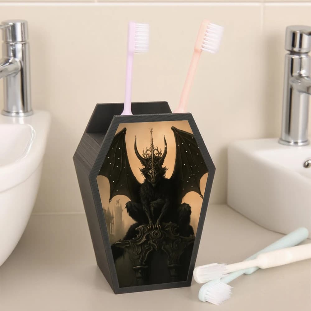 Cross-border Gothic Coffin Shaped Toothbrush Holder With Winged Dark Demon Print, Multi-grid Bathroom Vanity Toothpaste Toothbru