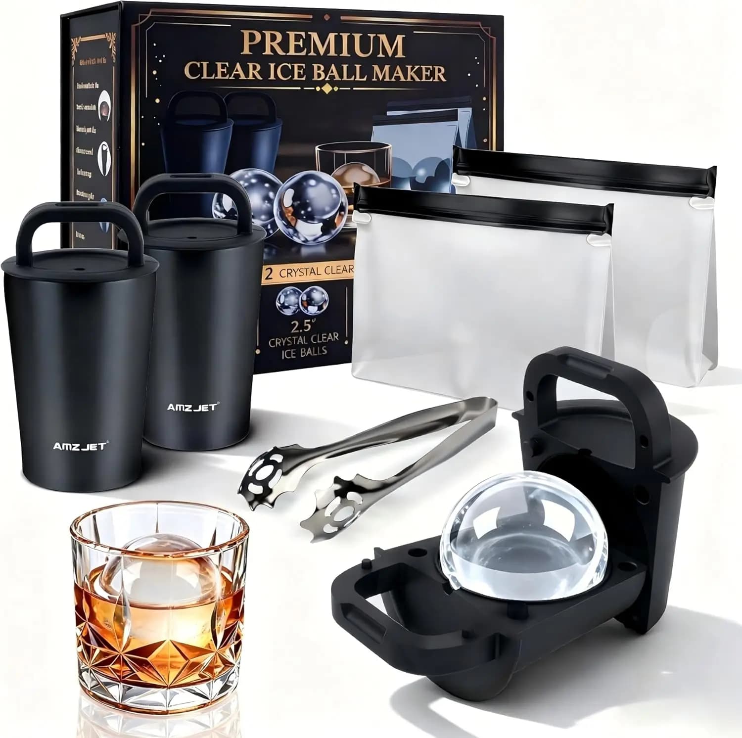 Set Regalo Premium per Cubetti di Ghiaccio Trasparenti – Stampo per Sfere di Ghiaccio in Acciaio Inox per Whisky, Sfera di Ghiaccio da 2,5 Pollici con Silicone Senza BPA