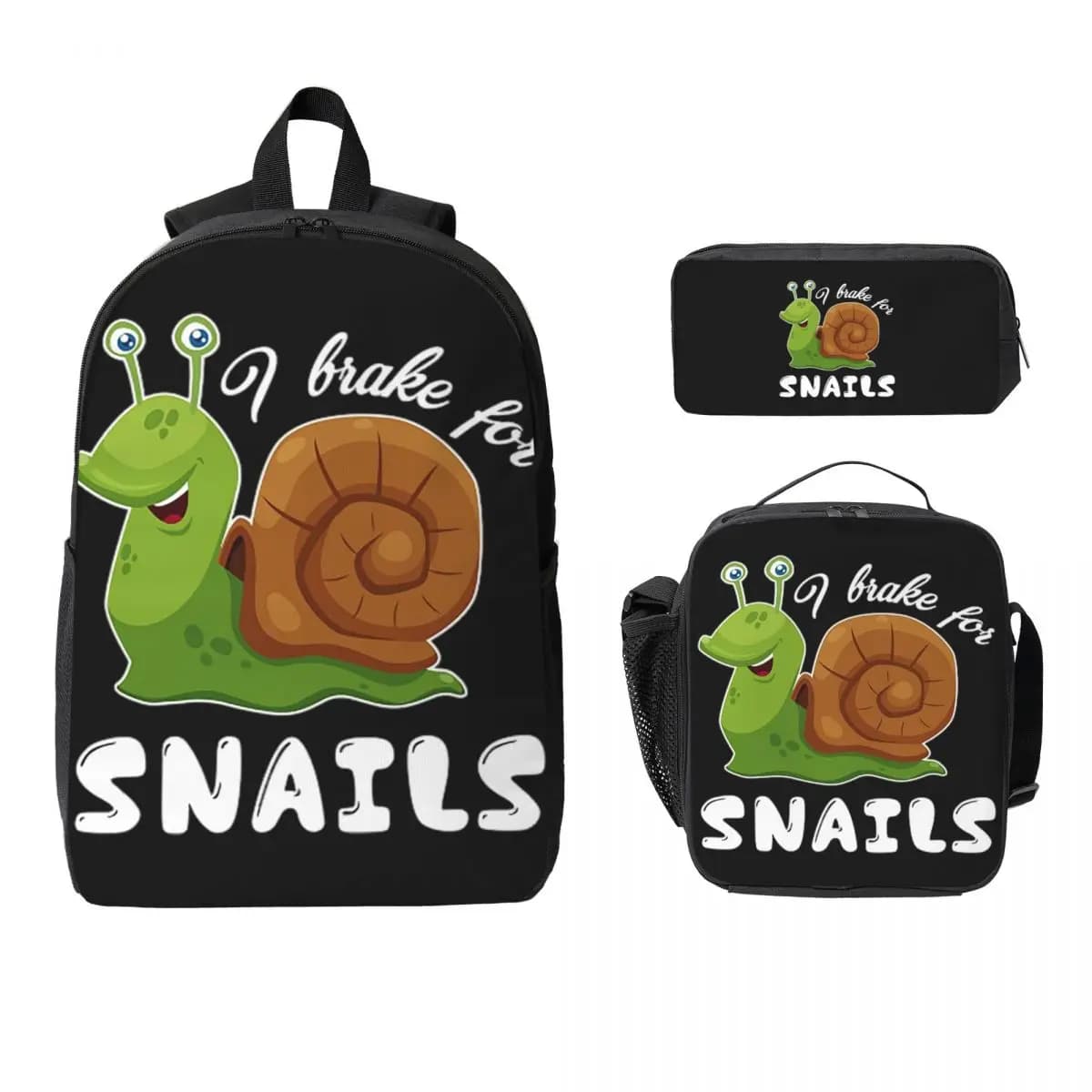Snail - I Brake For Snails Backpack Student BookBag School Bag Computer Shoulder Bags 3ps Insulated Lunch Bag Pencil Case