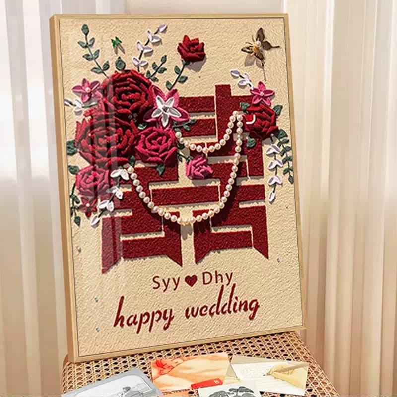 Modern Decorative Square with Wedding Diamonds, with Frame, Made of Hand with Point Stickers, for Living Room