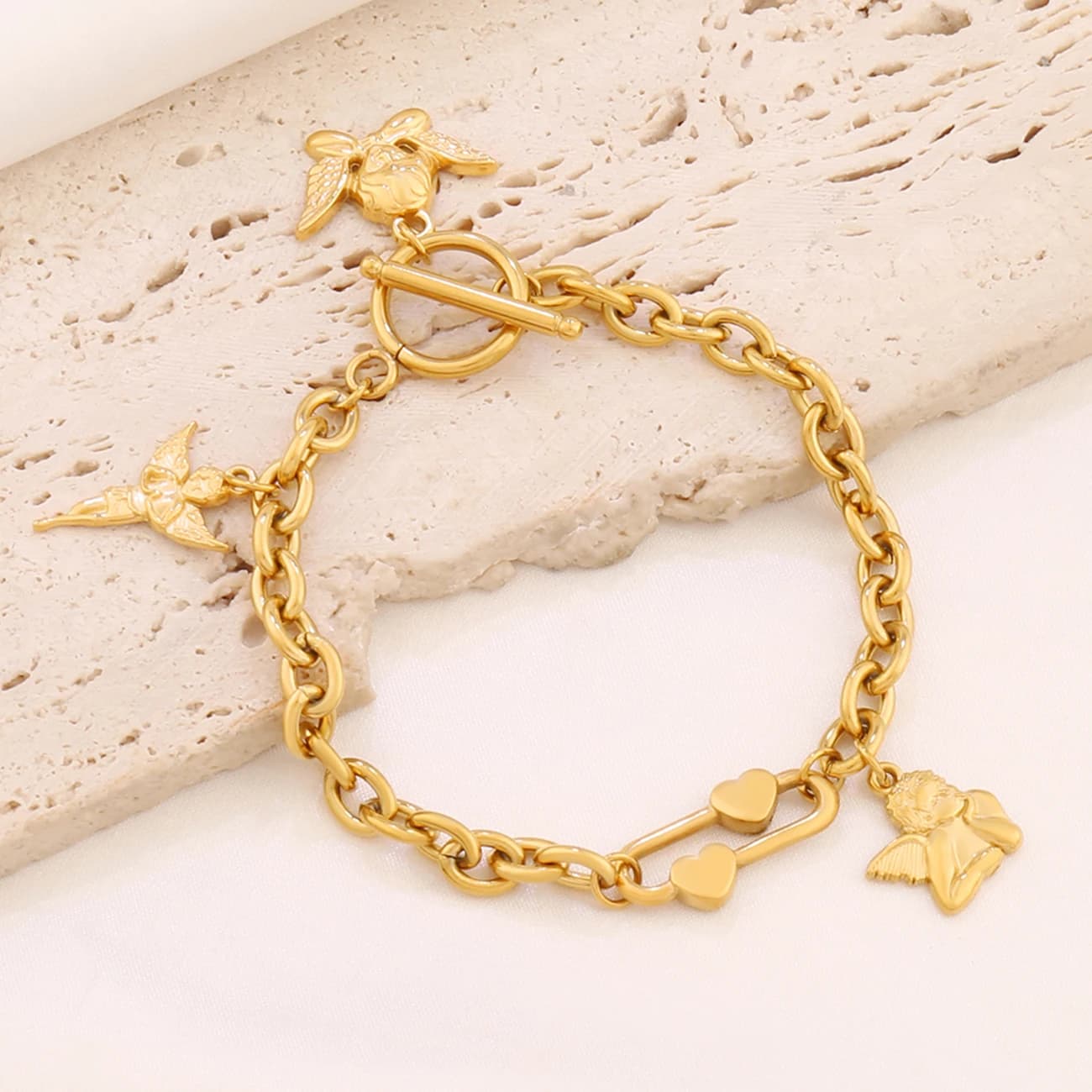 Bracciale con ciondolo angelo color oro in acciaio inossidabile 316L per donna Braccialetti a catena con fermagli a ginocchiera impermeabili Regali per gioielli per feste