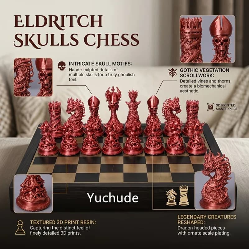 3D Printed Chess Set Medieval, Fantasy Gothic Board Game Dragon, Knight King Queen Bishop Pieces, for Adults Kids Gift Decor