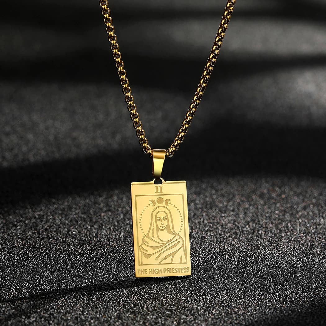 Kinitial The High Priestess Pendant Necklace Men Women Stainless Steel Jewelry Tarot Card Necklace