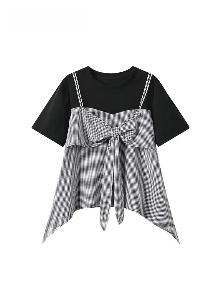 Korean Style plus Size Women's T-Shirt Short Sleeve round Neck Knot Top Summer New Arrival Regular Thickness Polyes...
