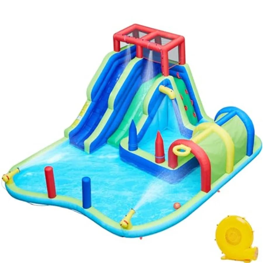 Scivolo d'acqua gonfiabile, scivolo d'acqua a doppia corsia combinato con tunnel lungo, parete da arrampicata, sacchi da boxe e gioco di lancio di anelli, Infla per bambini