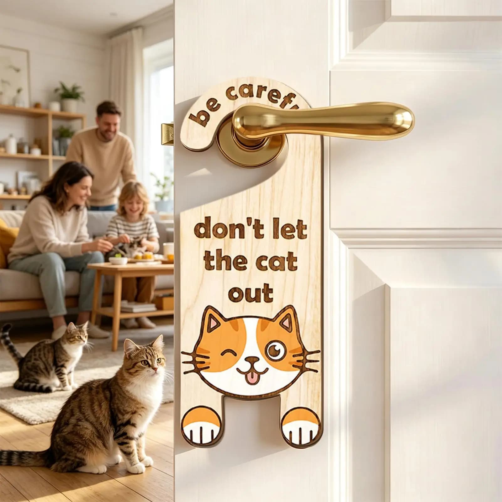 2D flat Wooden Don't Let The Cat Out Sign Funny Door Hanger Notice for Bedroom Kitchen Dorm Cafe Shop Laser Engraved Rustic