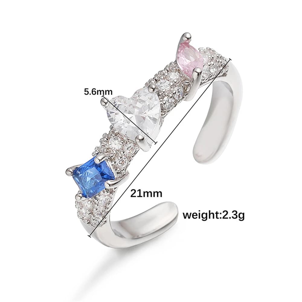 Joint open ring jewelry in heart shape and niche marquise with colorful zircons inlaid in exquisite luxury copper