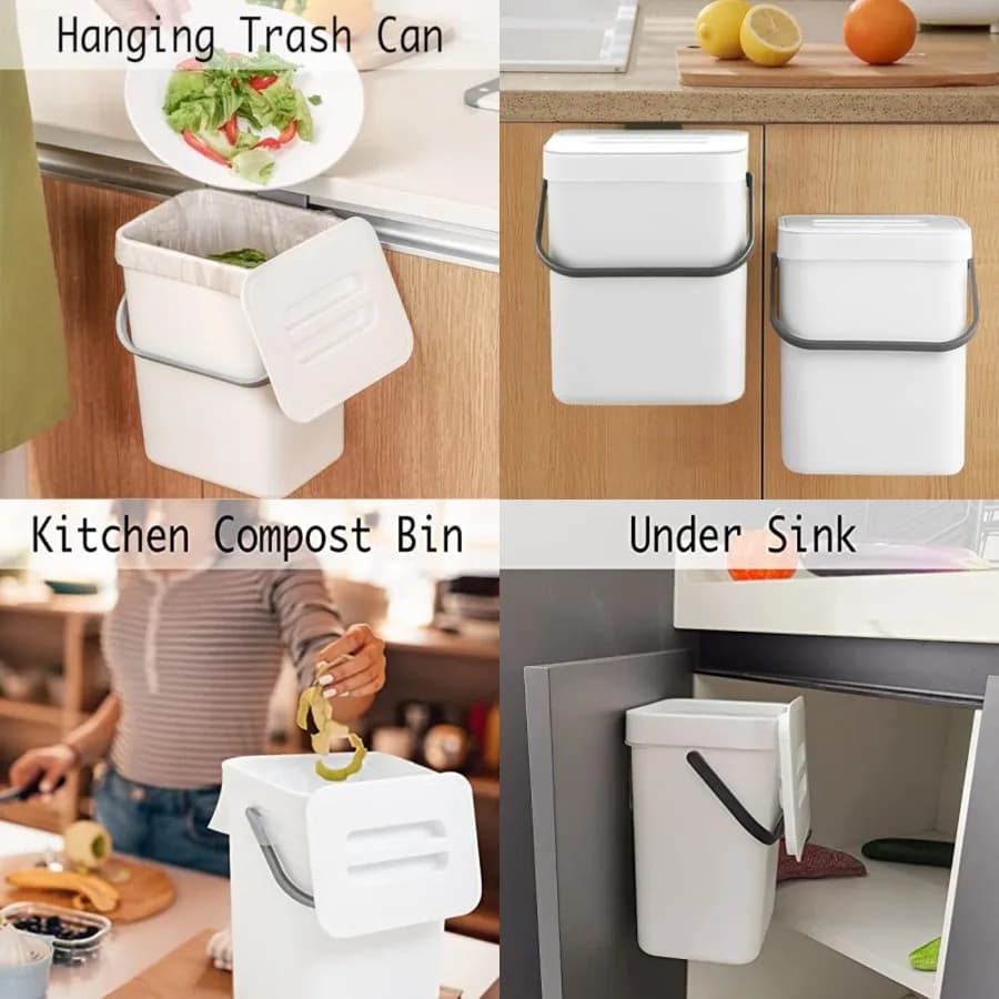 Contenitore per Compostaggio da Interno, Bidone per Rifiuti Sigillato da Appendere Sotto il Lavello, Cestino per Rifiuti Alimentari da Piano di Lavoro, Bidone per Rifiuti Montabile per Bagno, Camper, 5L/1.3 Gal, Bianco