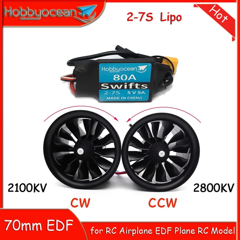Hobbyocean EDF Motor 70mm 12-Blades 4S 2800KV 6S 2100KV w/80A ESC CAbout 2200G Thrust for RC Airplane RC Model EDF Plane Parts