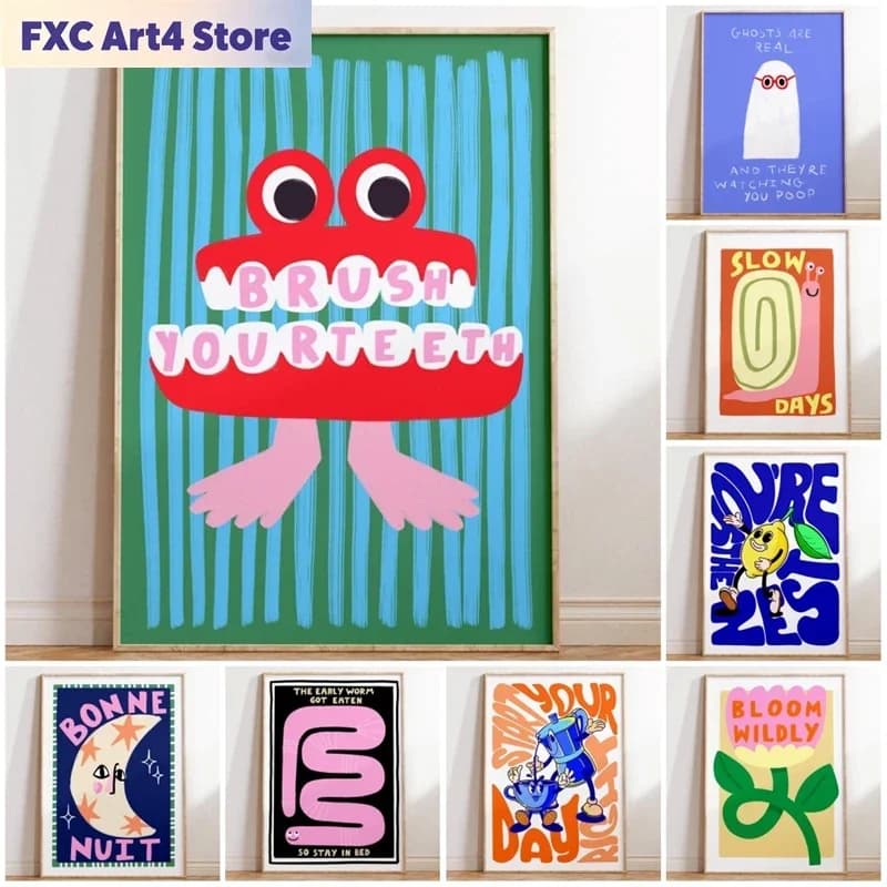 Frameless Ghost Bathroom Toilet Poster Brush Your Teeth Print Canvas Painting Minimalist Wall Art Picture for Kitchen Home ation