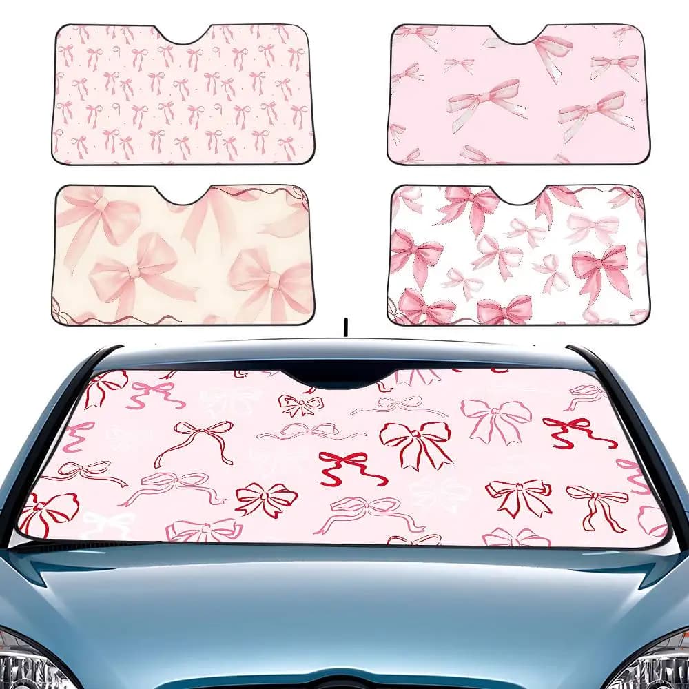 P-Pink B-Bow Cartoon Car Sunshade Curtains Windscreen Front Window Visor 70x130cm Sun Visor Solar Protect Plaid Gift Novelty Car