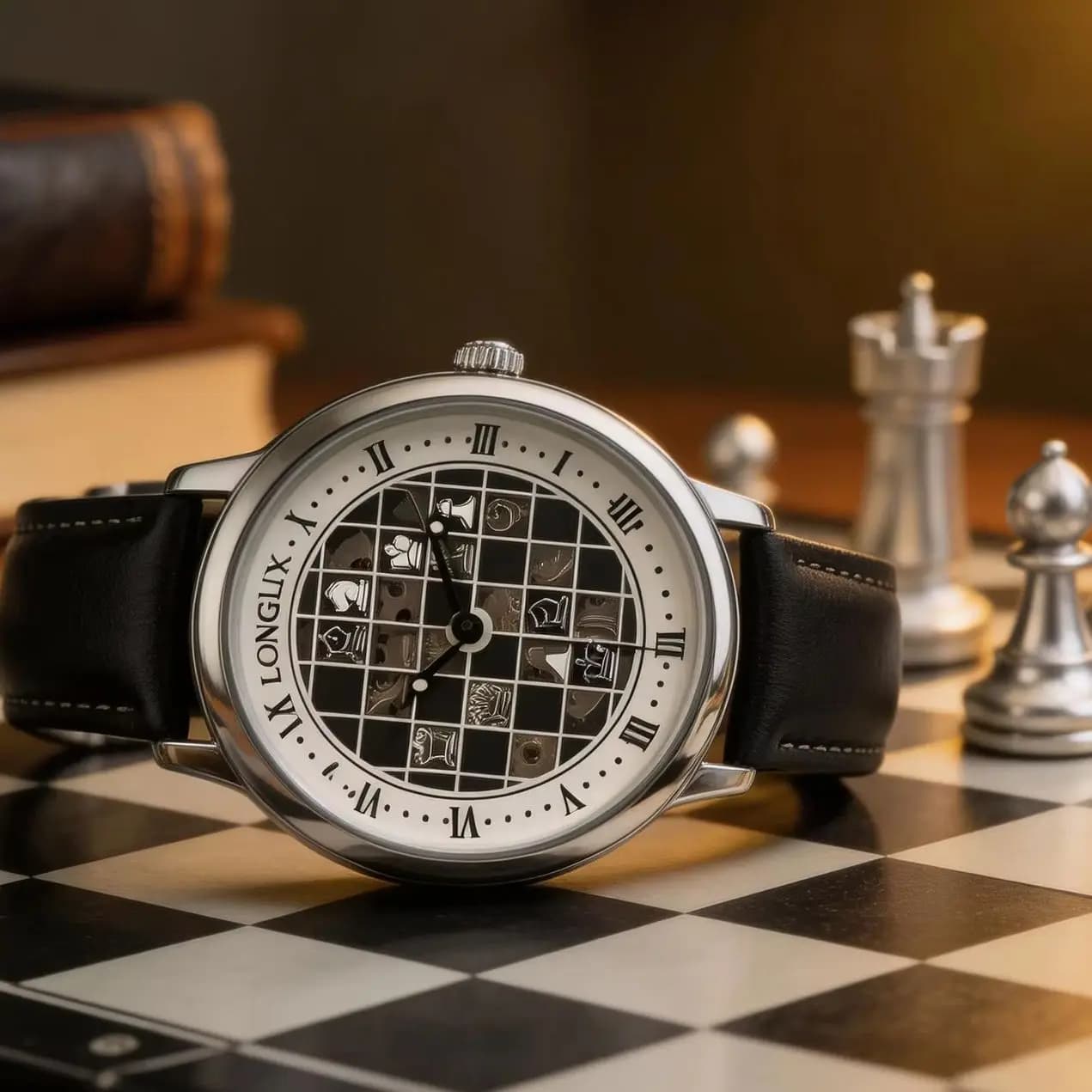 Orologio automatico da uomo con scacchiera, orologio meccanico impermeabile vintage da uomo d'affari, scheletrato luminoso, in pelle, regalo per te