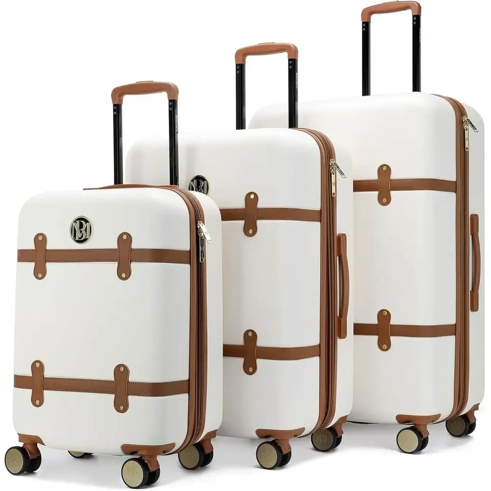 3 Piece Expandable Retro Large Polyte-ABS Luggage Set in White