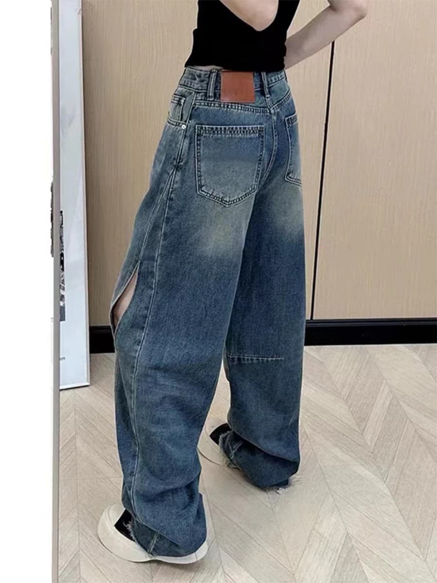 Jeans a vita alta a gamba larga da donna, taglio dritto snellente, stile americano, per primavera/estate, taglie forti, in denim