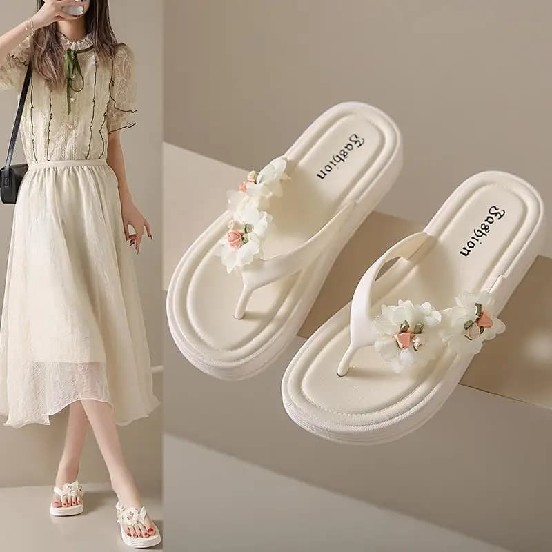 Women's Thick Heel Sandals Summer Outdoor Wear 2026 New Style Xishuangbanna Cloth Flower Slippers Anti-Slip for Skirts Beach ...