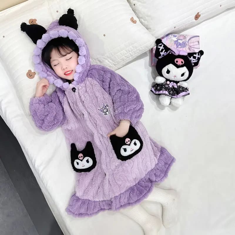 Sanrio Kuromi Thick Coral Pile Veste Warm Carton Animated for Girls Kids Kids Autumn Winter Home Pigiama Kawaii Nightwear