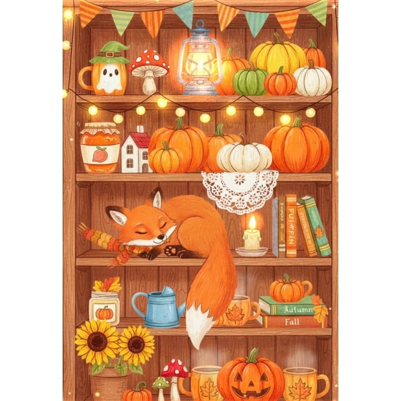 DIY Sleeping Fox Autumn Pumpkin Wooden Shelf Scene Diamond Painting Mosaic Handmade Art Exquisite Home Decoration