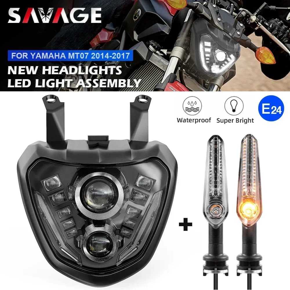 Faro del motociclo per YAMAHA MT07 FZ07 2014-2017 Gruppo ottico anteriore a LED E24 Faro DRL MT-07 FZ-07 Lampeggiatore Indicatore di direzione