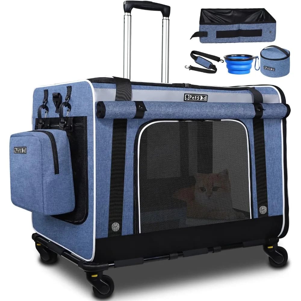 Trasportino per gatti extra large con ruote e lettiera, trasportino morbido con rotelle 24x17x17 per animali domestici fino a 55 libbre con 5 reti traspiranti