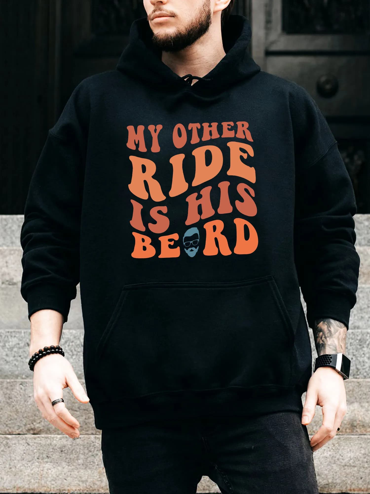 Felpa con cappuccio da uomo con coulisse My Other Ride Is His Beard - Pullover nero casual e confortevole, felpa con cappuccio autunno e inverno