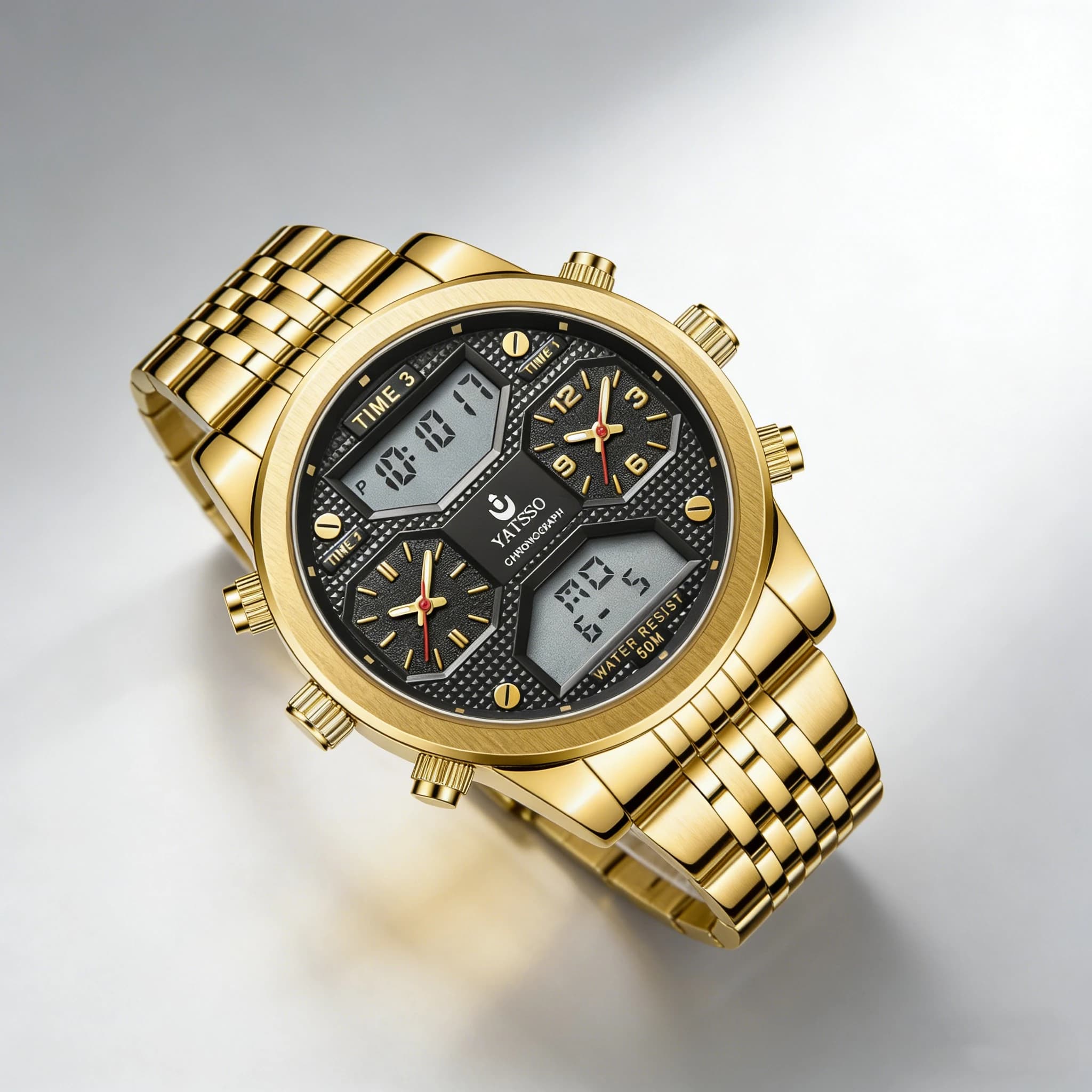 Men's Triple-Movement Watch: 2 Analog Motors + Digital Module 54mm Oversized Dial Stainless Steel Band Alloy Case Luminous Hands