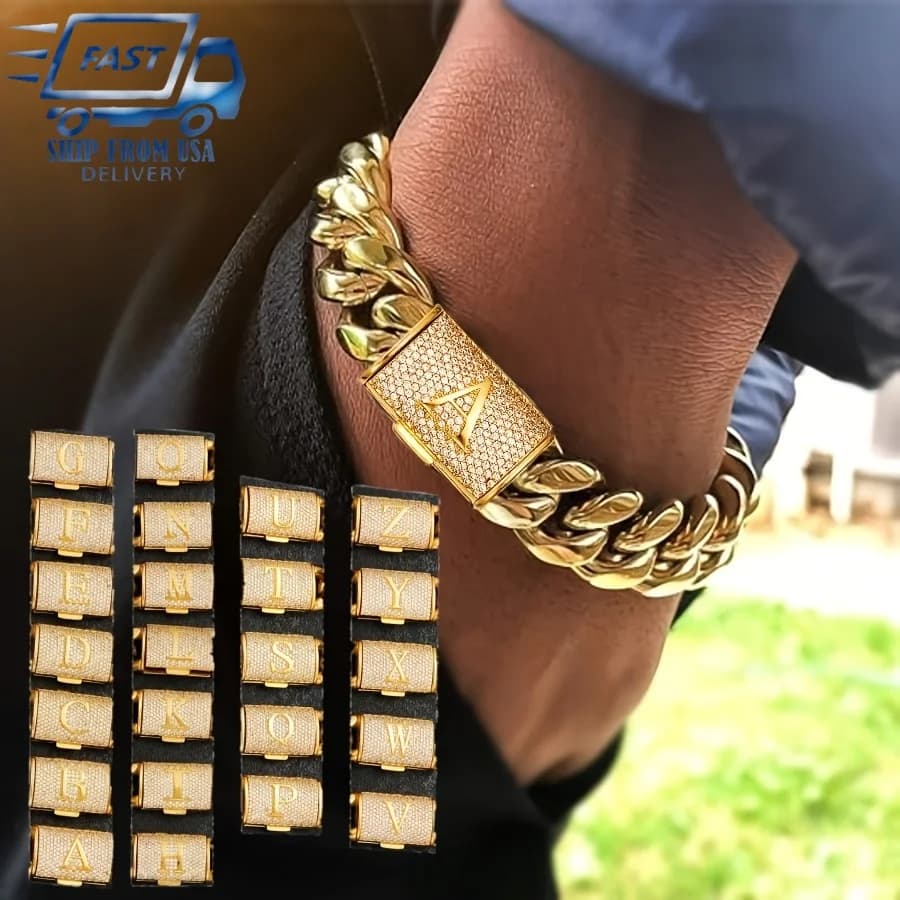 14 mm Cuban chain bracelets, 18K gold plated, stainless steel, punk style, big and showy circle bracelet. Bracelet with letters from A to Z