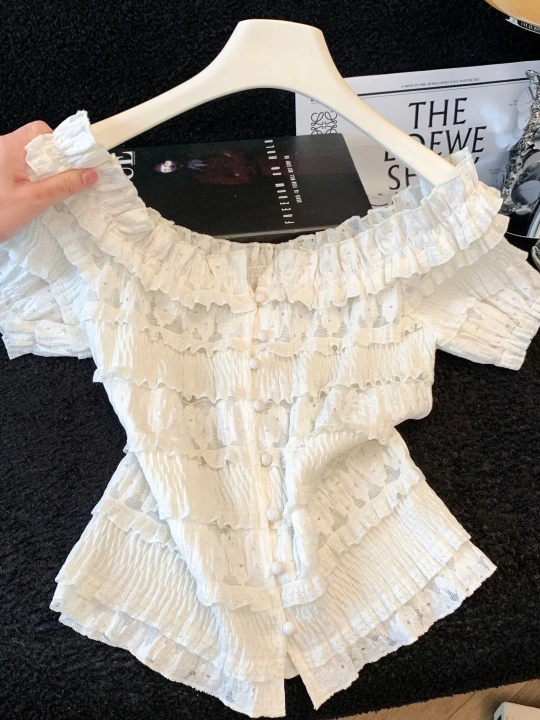 Sweet Style Heavy Embroidery Lace Shirt Women Summer round Neck Shoulder Bared Short Sleeve T Shirt Fashionable Ruffle Top