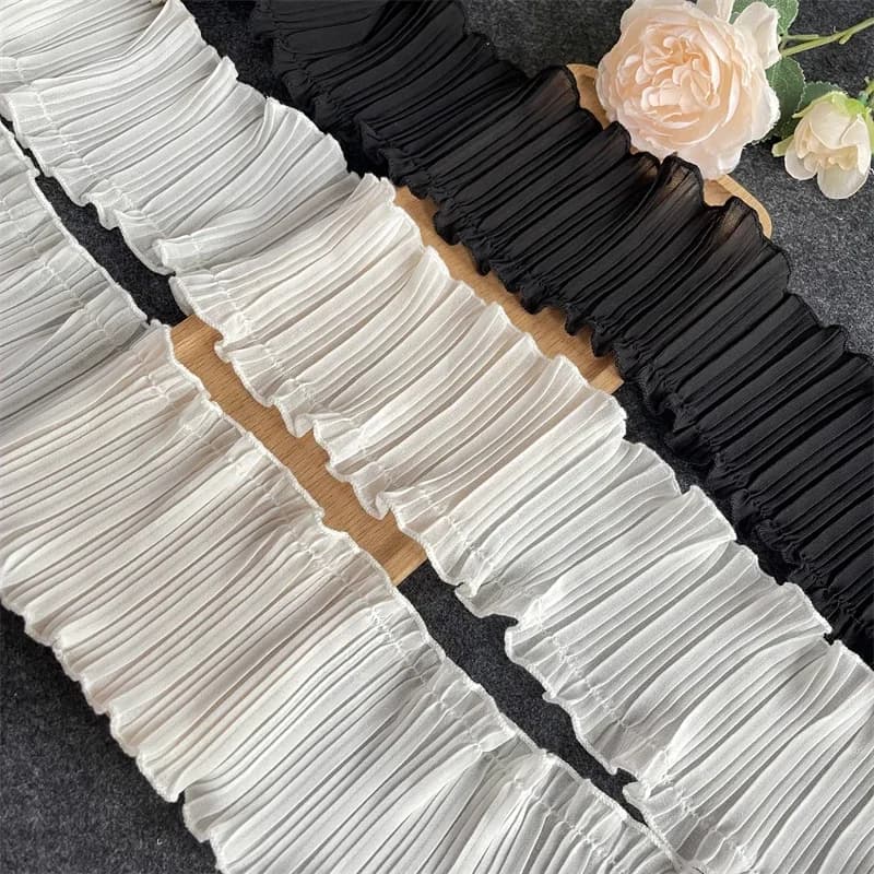 Finiture in pizzo pieghettato in chiffon nero bianco sporco, applique in tessuto a nastro, abiti con volant pieghevoli, forniture per cucito fai da te, larghezza artigianale 9 cm