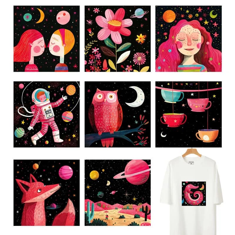 Playfulness Fun Stickers Wonderful Night Vinyl Patch Owl Fox Astronaut DTF Heat Transfer Sticker For T-shirt Iron On Clothes&bag