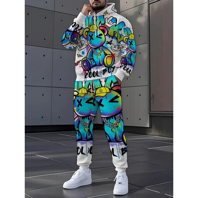 Autumn And Winter Animal Wolf Pattern Printed Long Sleeved Sportswear, Drawstring Pants, Men'S And Women'S Couple Hoodie Set