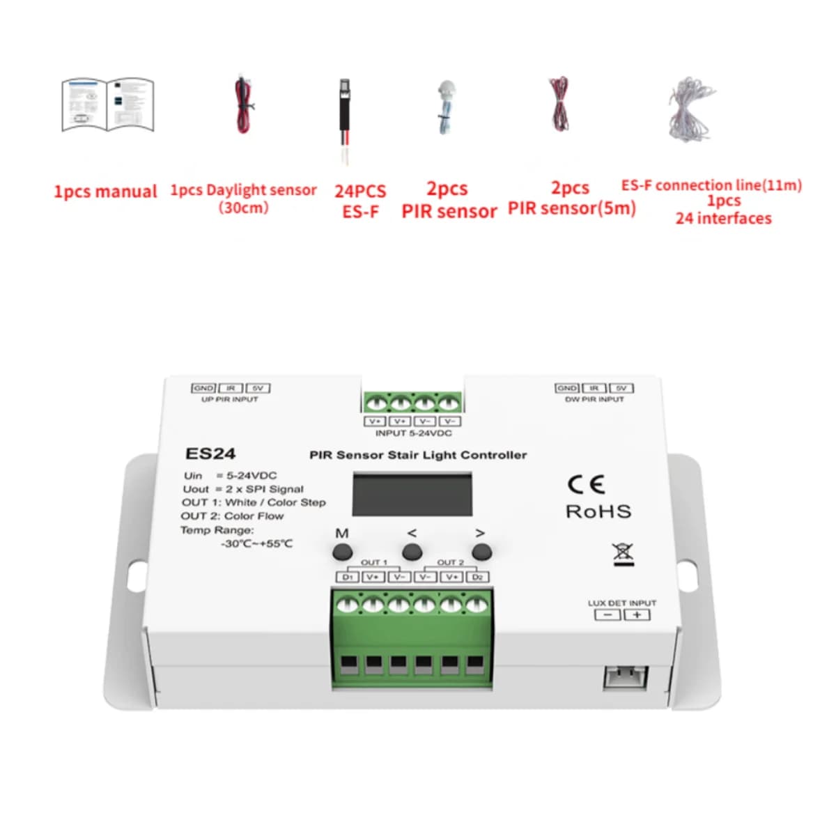 New 5-24VDC ES24 PIR Sensor Stair Light Controller 24CH*1A Max 720 Pixels for TM1812 UCS1903 WS2811 WS2812 IC LED Pixel Lamp