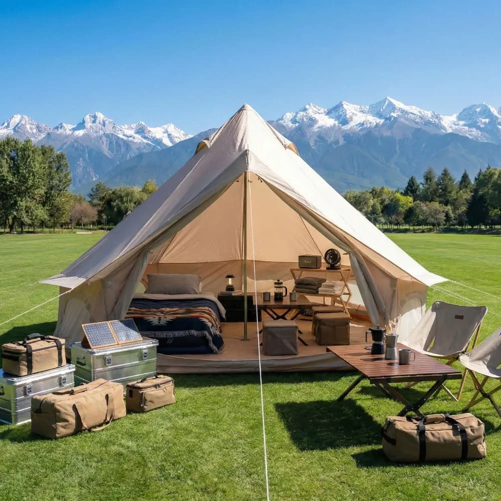 Tenda a Campana Impermeabile Beige 9.8FT per 4 Stagioni con Foro per Stufa: per 4 Persone, Ideale per Campeggio e Feste