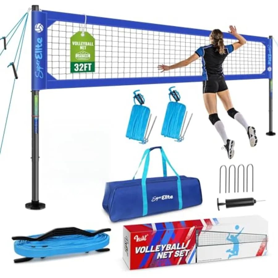 Set Professionale di Rete da Pallavolo Resistente per Esterni, Portatile con Pali in Alluminio, Sistema di Rete Opzionale 20ft/32ft