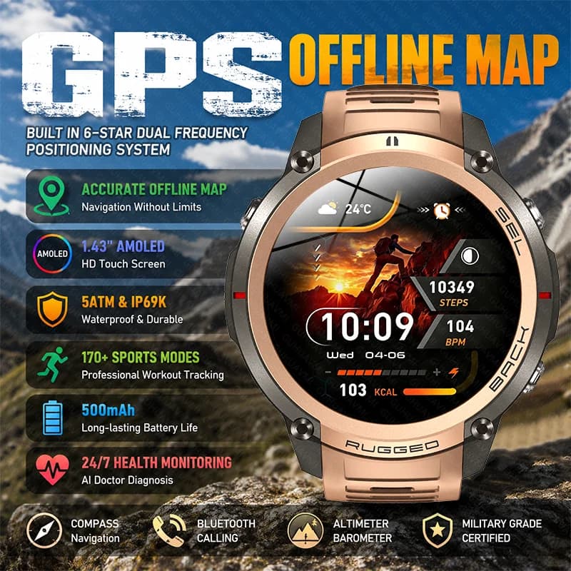 New Men Sports Smart Watch Precise GPS Trajectory Tracking Compass 5ATM Waterproof Bluetooth Call AMOLED HD Military Smartwatch