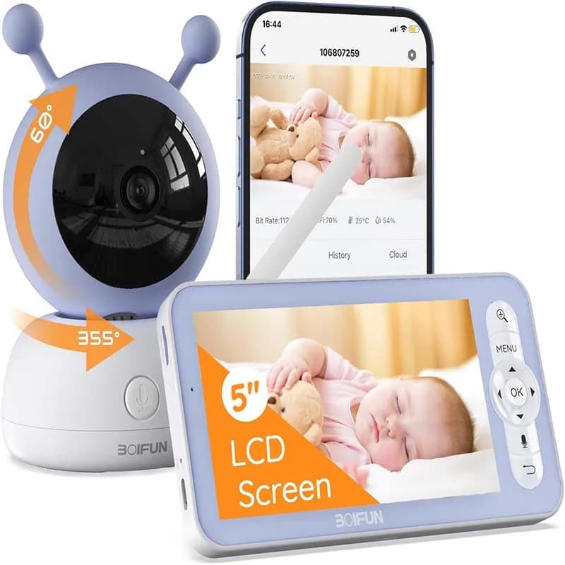 BOIFUN 2K 5'' Telecamera per baby monitor con controllo dello schermo Wifi, conversazione bidirezionale, rilevamento del movimento e di essiccazione, tracciamento automatico, visione notturna