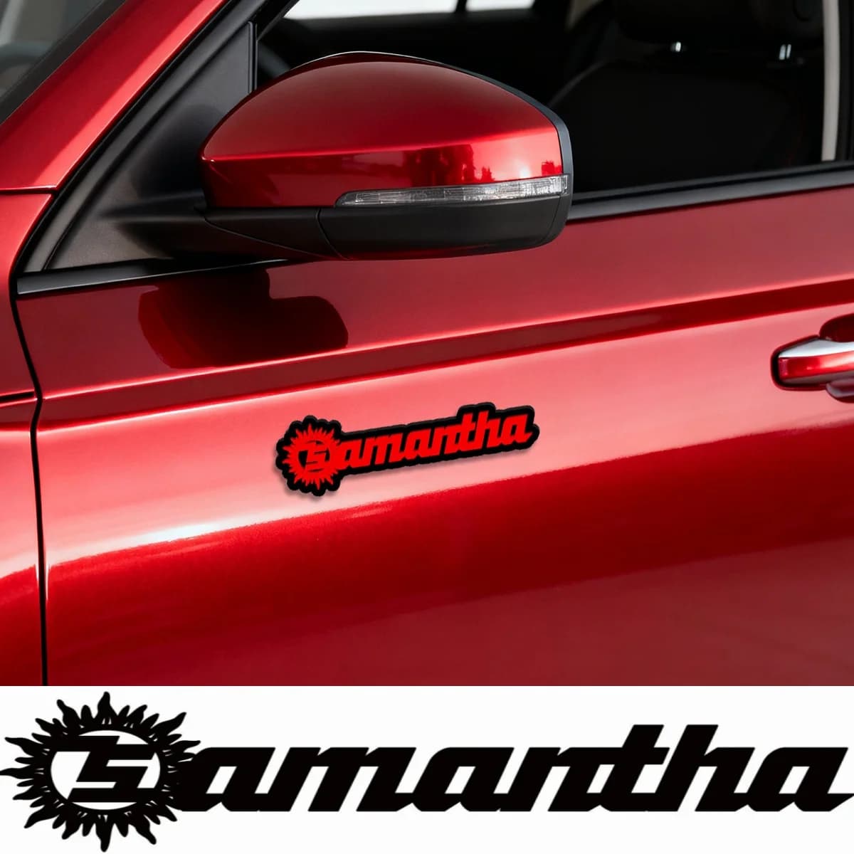 Adesivo per Auto in Acrilico Personalizzato con Scritta Cursiva, Motivo Fiamma Solare N.5, Colore Rosso, Confezione Individuale, per Regali Personalizzati e Styling Auto