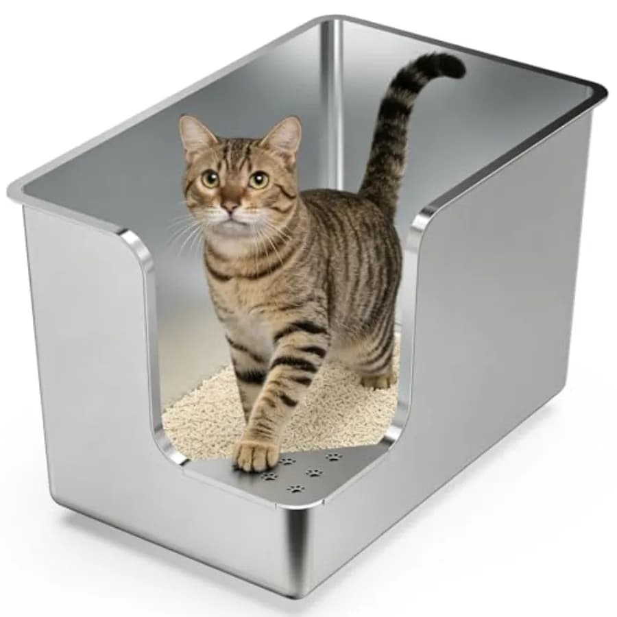 Stainless Steel Litter Box 14.5 High-Side, XL Metal Cat Litter Box, Corner Opening Entry Pet Toilet, Cat Litter Pan with Wheels